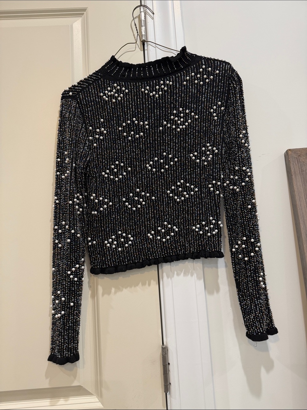 Zara Black Pearl-Embellished Ribbed Knit Sweater